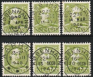 FRIMÆRKER DANMARK | 1942-44 - AFA 275 - Chr. X 15 øre grøn x 6 stk. - Lux Stemplet